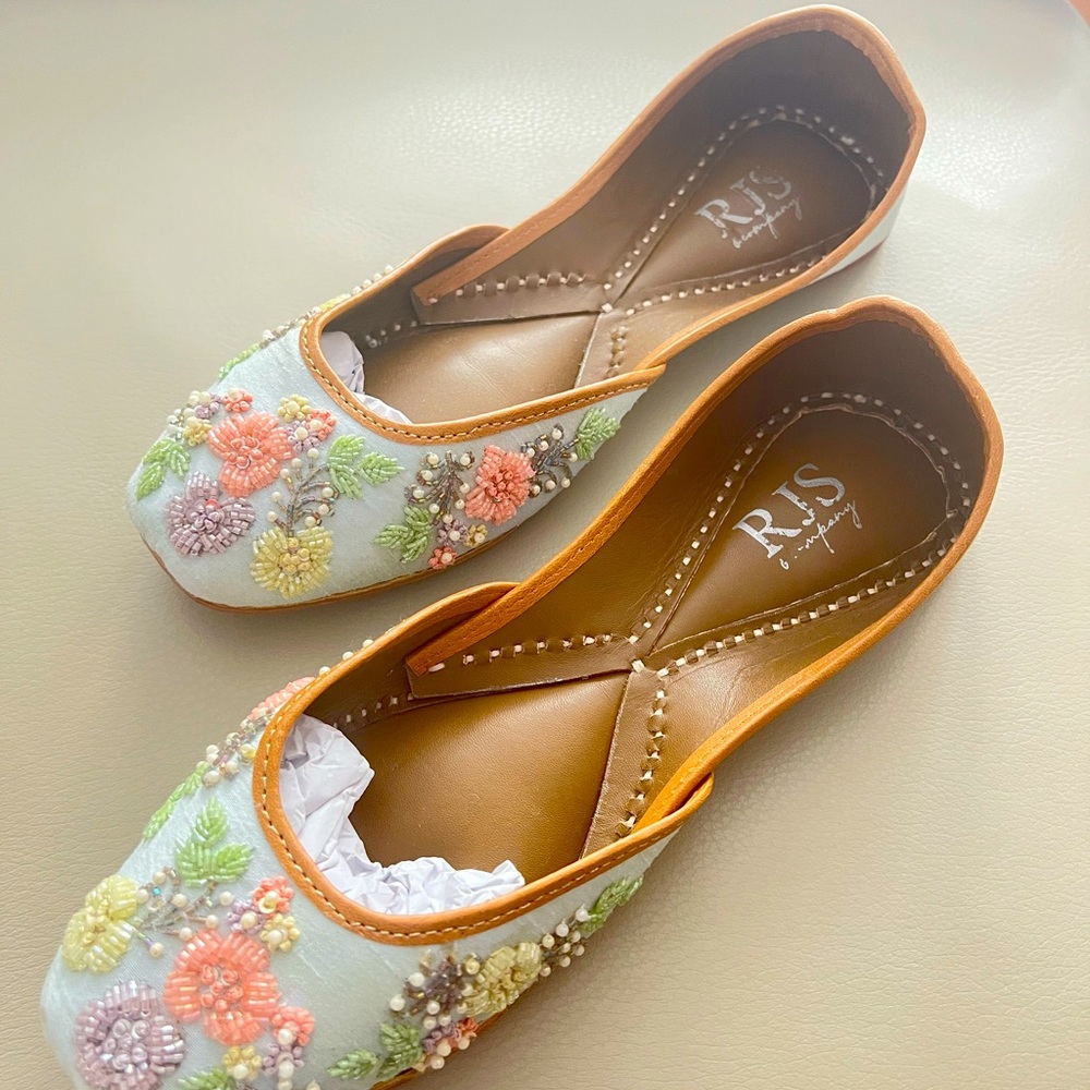 RJ&S Punjabi Juttis, Genuine Leather, Size 38/7.5, Light Blue